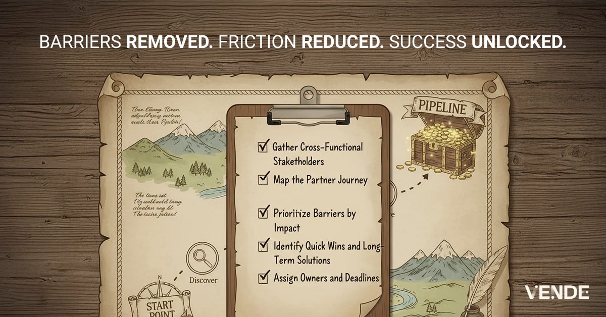 Barriers removed. Friction reduced. Success unlocked. Followed by the following checklist: 1. Gather cross-functional stakeholders, 2. Map the partner journey, 3. Prioritize barriers by impact, 4. Identify quick wins and long-term solutions, 5. Assign owners and deadlines