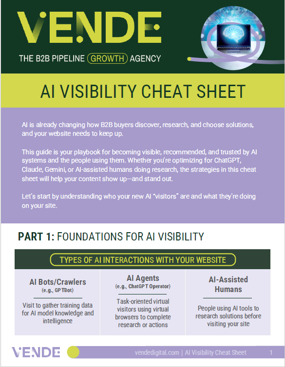 Image is the first page of the vende AI Visibility cheat sheet PDF.