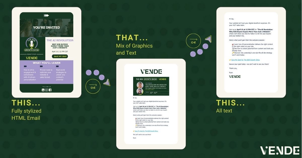 An image displaying three design approaches to email templates. One is a fully-designed HTML image with color blocks, images, logos, and formatted text. The next is a mix of graphics and text with an image at the top and the body of the email below. The third and final option is all text and no images with the exception of the organization's logo.