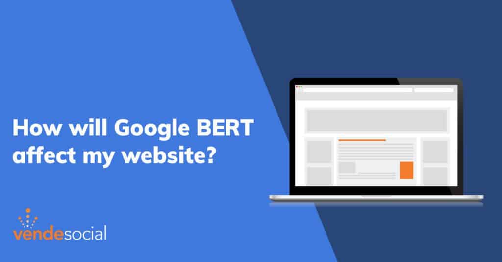 Image text: How will Google BERT affect my website? | Drawing of a Mac computer with a website loaded at left