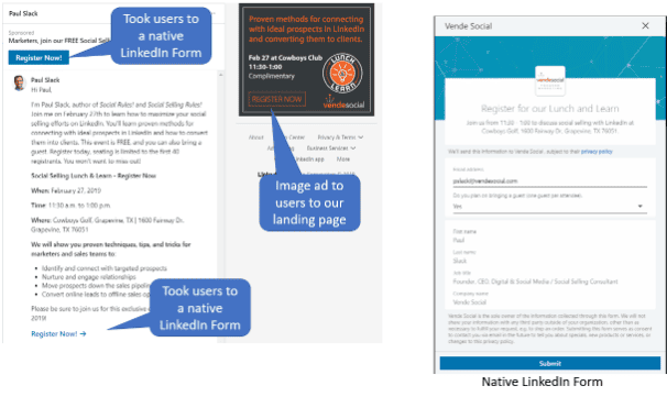 Image of and explanation of how LinkedIn InMail and LinkedIn lead generation form appears on desktop