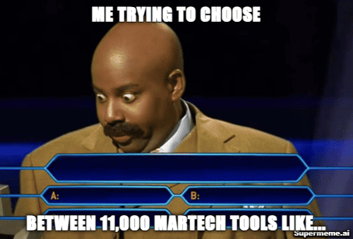 "Me trying to choose between 11,000 MarTech Tools like..." | Game show contestant trying to decide on answer 
