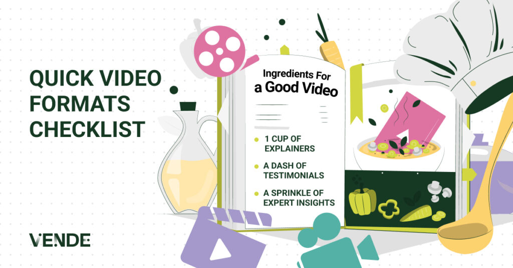 The header reads "Quick video formats checklist." The image includes objects for cooking like olive oil, a chefs hat, and a ladle as well as icons for video like a film reel. There is also a open recipe book with the copy "ingredients for a good video" then a list of ingredients including "1 cup of explains, a dash of testimonials, a sprinkle of expert insights."