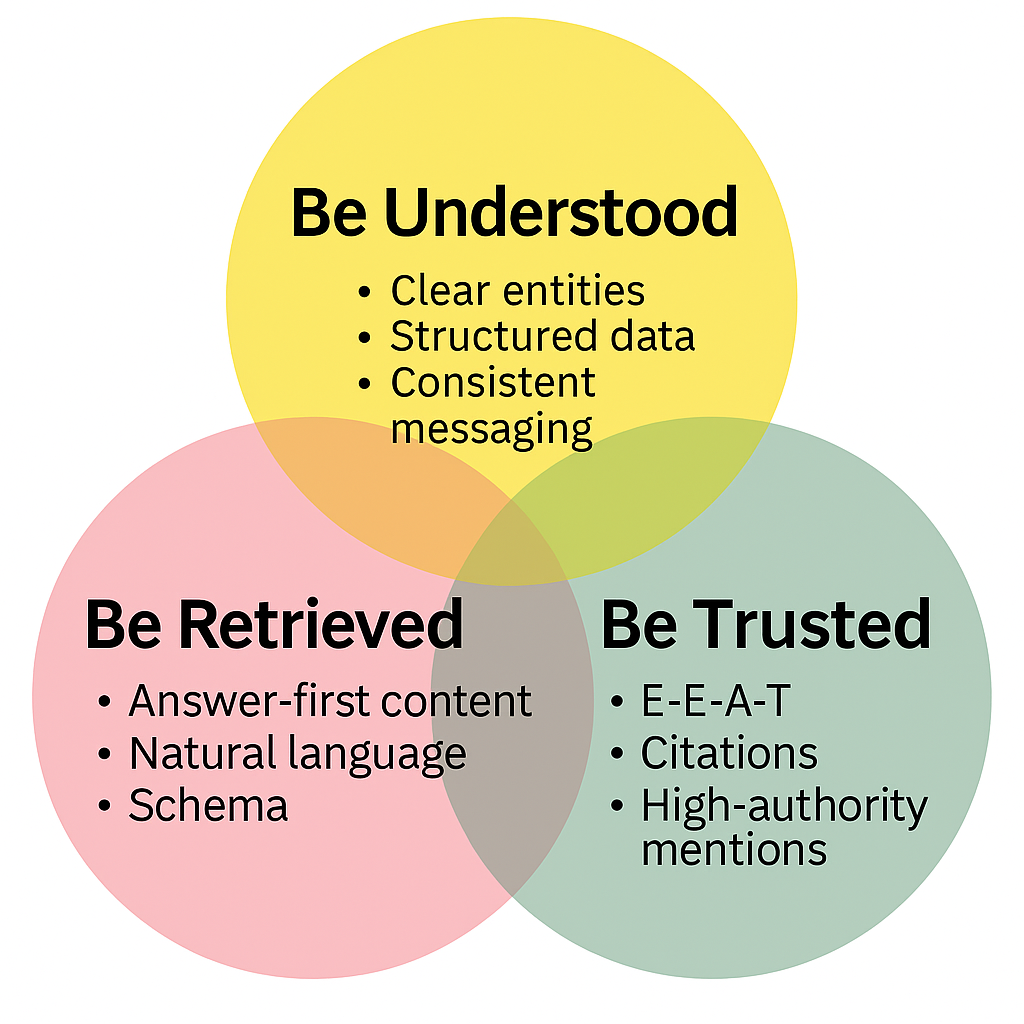 The image is a venn diagram consisting of three overlapping circles. The top circle reads: "Be understood: clear entities, structured data, consistent messaging." The bottom left circle reads: "Be retrieved: answer-first content, natural language, schema." The bottom right circle reads: "Be Trusted: E-E-A-T, Citations, High-authority mentions."
